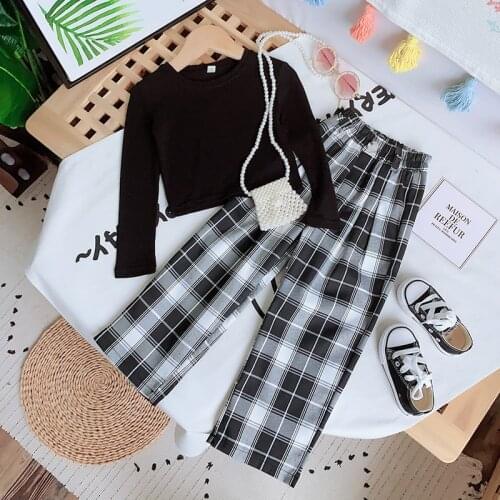 2020 Autumn Girls' Suit New ChildrenS Clothing Korean Fashion Long-Sleeved Cotton Top And Plaid Wide-Leg Pants Two-Piece 2-7Y