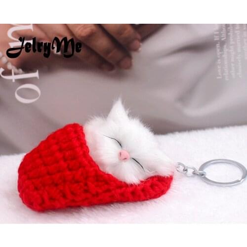 Cute Sleeping Cat Pompom Keychains For Women Girls Handmade Woven Shoes Faux Rabbit Fur Kitten Key Chains Fluffy Car Key Rings