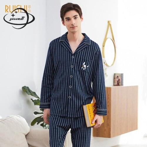 Mens Pajama Sets Spring Autumn Male Sleepwear Suits Clothing Cardigan+long Pant Long Sleeve Striped Button Soft Man Clothes H91