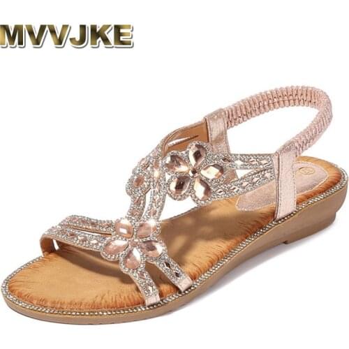 MVVJKEBohemia Summer Women Ladies Bling Flower Crystal Flat Sandals Beach Casual Shoes High Quality Sexy Outdoors Ladies Shoe