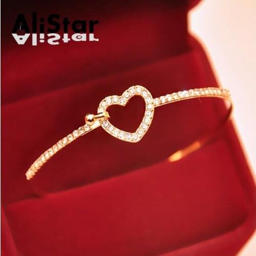 New arrive fashion womens bracelets sweet cute full rhinestone bangles heart shape shine gold color bracelets #BR036