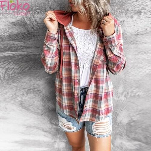 Flokocloset Casual Long Sleeve Hooded Plaid Coat Loose Autumn Pockets Button Jackets Streetwear Bomber Jackets