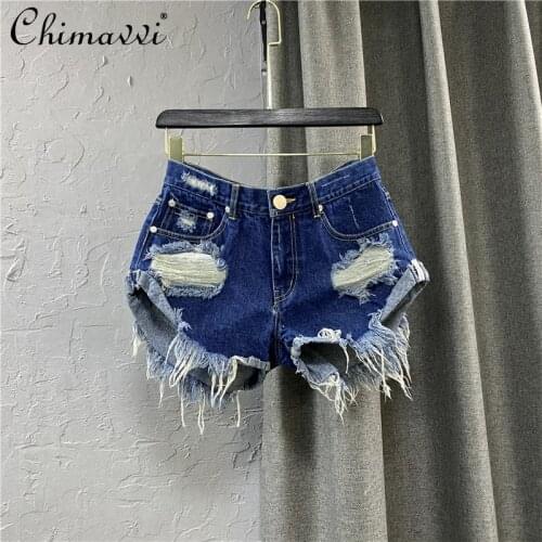 Ripped Denim Shorts Womens Summer Wear 2021 New Girl Low Waist Ripped Jeans Female Tassel A Line Hot Pants Fashion