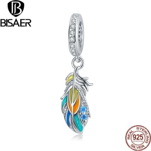 BISAER Rainbow Feather Dangle Charms 925 Sterling Silver Colorful Enamel Pendant DIY Bracelets Necklace Fashion Jewelry EFC304