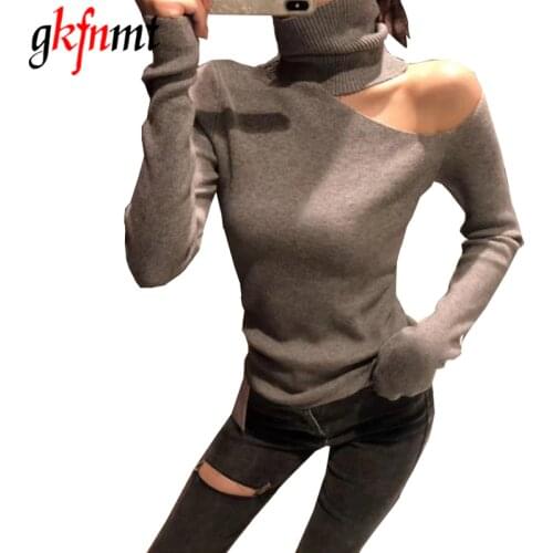 Knitted Sweater Off Shoulder Pullovers Sweater for Women Long Sleeve Turtleneck Female Jumper Black White Gray Sexy Clothing