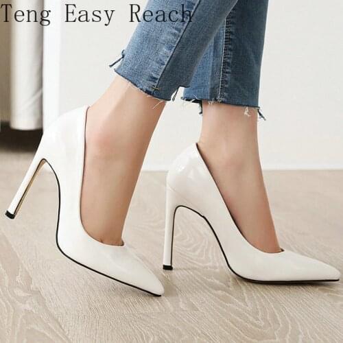 Womens Shoes Pointed Toe Fashion Thin Heels Pumps Red Pink Patent Leather Office Dress Shoes Woman Big Size 34-43 Black Heels