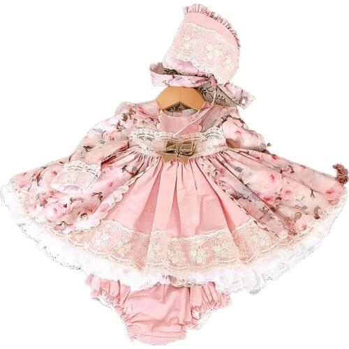 Spring Spanish Girls Flower Fairy 3ps Set Dress Pants Hat Little Girls Wedding Clothing Girls Botiqute Dress Kids Dress for Girl