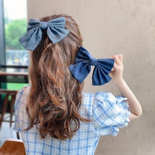 Temperament Striped Fabric Wave Point Denim Barrette Hairclips Women Large Hair Bow For Girl Hairpins Headwear Hair Accessories
