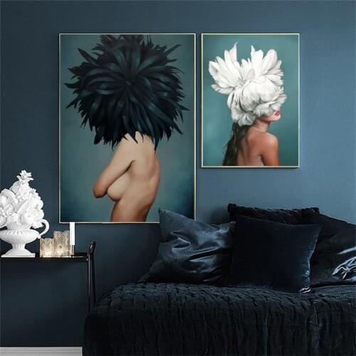 Floral Feather Woman Nude Abstract Canvas Painting Nordic Wall Art Print Poster Pictures Cuadros Living Room Decorative Painting