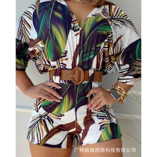 Womens 2021 New Green Printed Casual Suit-No Belt