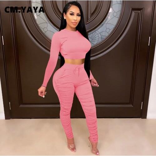 CM.YAYA Women Tracksuit Solid Crop Tops + Stacked Pants Two 2 Piece Sets with Pockets Casual Outfits Sportswear Autumn 2021
