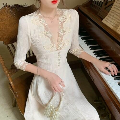 Vintage Embroidery Lace Women Dress New Spring Summer Long Dress Female High Waist V-neck Elegant Ladies Dresses Vestidos 12759