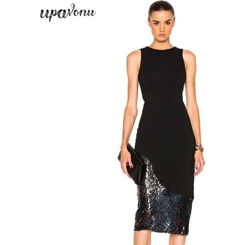 2020 Summer Womens Sequined Bandage Dress Sexy Round Neck Sleeveless Bodycon Midi Dress Celebrity Runway Party Dresses Vestidos