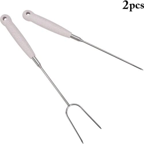 2PC Retractable Barbecue Fork Portable BBQ Steak Beef Forks For Camping Picnic Stainless Steel Grilling Needle For Kitchen Tools