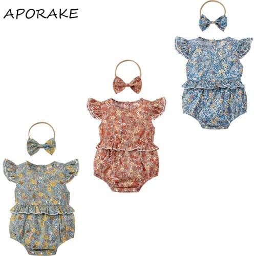 2021 0-18M Summer Infant Baby Girl Romper Fly Sleeve Button Ruffle Waist Floral Full Print Jumpsuit Playsuit Outfit