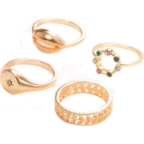 Colorful Crystal Round Circle Midi Finger Rings Set Women Gold Color Shell Star Knuckle Hollow Charm Jewelry Accessories 4 Pcs