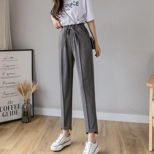 Spring Autumn Pants Office Lady Solid Nine Points Loose Female Trousers High Waist Lace-Up Slim Women Harem Pants 2021