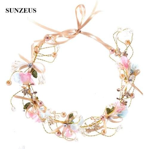 Color Flowers Gold Headband Crystal Pearls Bridal Sash Wedding Accessory Free Shipping SQ232