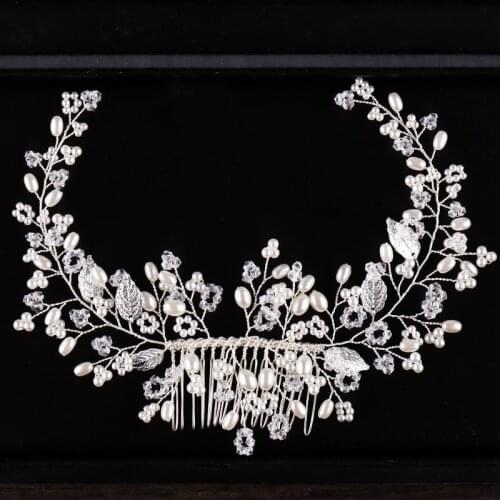 Trendy Silver Color Pearl Crystal Leaf Hair Comb Hair Accessories Wedding Headpiece Hair ornaments Bride Women Hair Jewelry