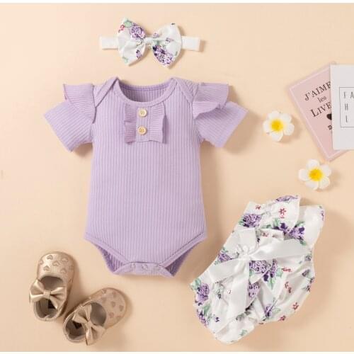 FOCUSNORM Newborn Baby Girls Clothes Sets 3pcs Ruffles Short Sleeve Romper Tops Flowers Shorts Headband 0-18M