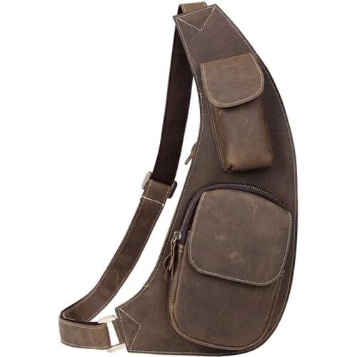 Tiding Retro Mens Embossed Leather Chest Pack Bag Daypack Genuine Leather Small Sling Messenger Bags Crossbody Rucksack Brown