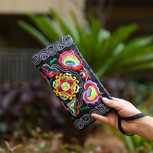 Newly Women Vintage Ethnic Floral Embroidered Coin Clutch Long Wallet Coin Purse Card Holder Handbags