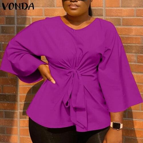 Office Ladies Belted Blouse Women Tunic Casual Baggy 3/4 Sleeve Tops 2021 VONDA Female Shirts Casual Blusas Femininas Oversized