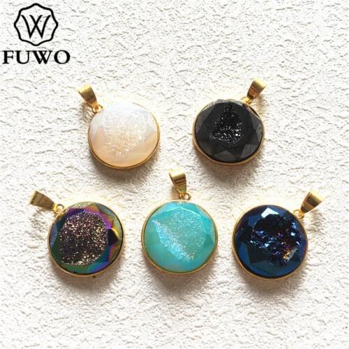 FUWO Natural Titanium Druzy Connector Pendant With Gold Trimmed High Quality Brass Bezel Quartz For Jewelry Making 20mm PD240