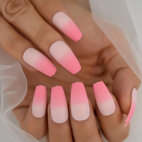 Pink Ombre False Nails Tips Matte Long Ballerina Fake Nails Artificial Romantic French Manicure Tips Press On Coffin Nail Flat