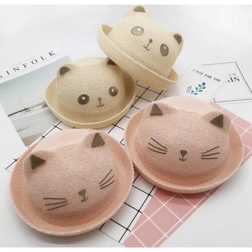 2021 Summer Cute baby Girls Lovely Sun Hat Kids Beach Hat Child Casual Boys Straw Hat Children Travel Cap Cat Ear Bucket Hat