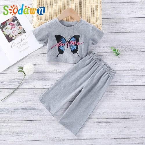 Sodawn Childrens Clothes Summer New Girls Butterfly Print Short Sleeve T-shirt + Leg Pants Childrens Wear