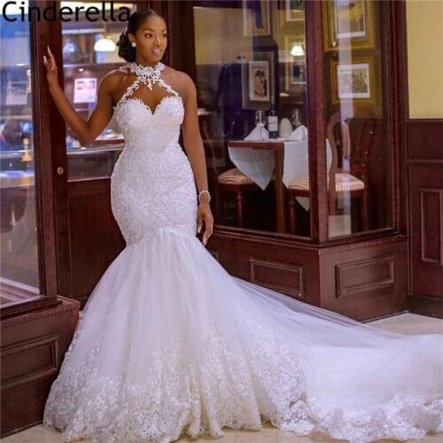 Wedding Dresses Mermaid Halter Sweep Train Tulle Lace Applique Wedding Dresses With Lace Up Bridal Gowns vestido de noiva