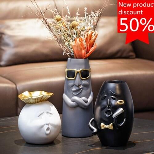 Resin Vase Cartoon Human Head Face Abstract Cute Character Sculpture Funny Flower Arrangement Vases Resin Crafts Ornaments