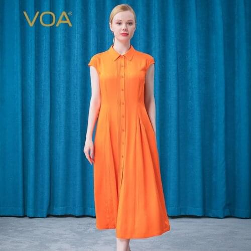 VOA Orange Silk 22m/m Dark Jacquard Bag Rotator Cuff Straight Tube Loose Pleat Design POLO Collar Shirt Dress Summer 2021 AE738