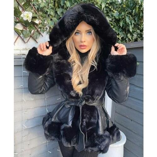 Elina High Imitation Leather Coats Women Vogue Faux Fox Fur Hooded Jackets Women Elegant Tie Belt Coats Female Ladies