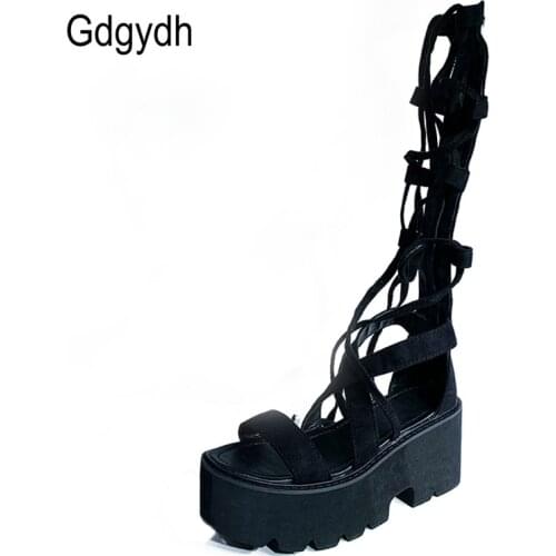Gdgydh Cross-tied Lace Up Gladiator Sandals Women Knee High Heels Shoes Platform Wedges Sandals Flock Black Roman Style Back Zip