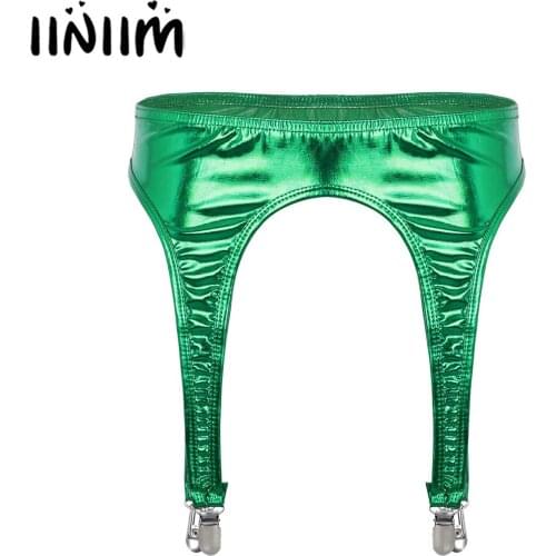 Womens Shiny Metallic Garter Belt with Four Metal Duck-Mouth Clips Suspender for Thigh High Stockings Sexy Pole Dance Clubwear