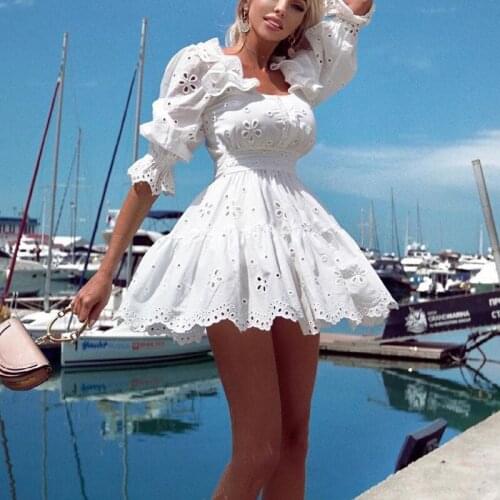 2021 Autumn And Winter Sexy Ladies Hollow Solid Color Ruffled Loose Lace Patchwork Casual Wear Elegant Square Neck Party Dress