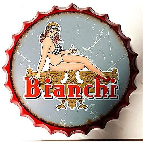 Retro Sign Bicycle Brand Logo and Race Queen Bottle Caps Retro Metal Tin Sign Diameter 13.8 Inches Home Decor Bar Plaque Lounge