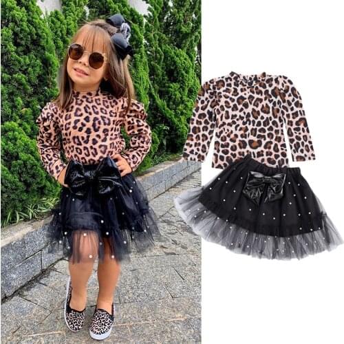 2021 Autumn Fashion Kids Girls Leopard Clothes Sets 2pcs Long Sleeve Pullover T Shirts Tops Pearl Lace Bow Tutu Skirts Outfit