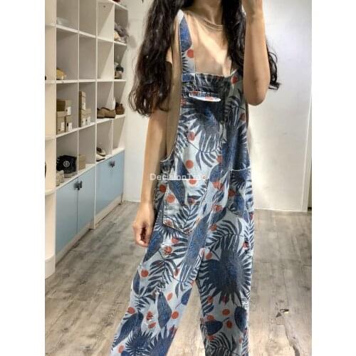 2021 women long jumpsuits flowers printed jeans romper casual floral pocket playsuit washable denim overalls pantalon palazzo