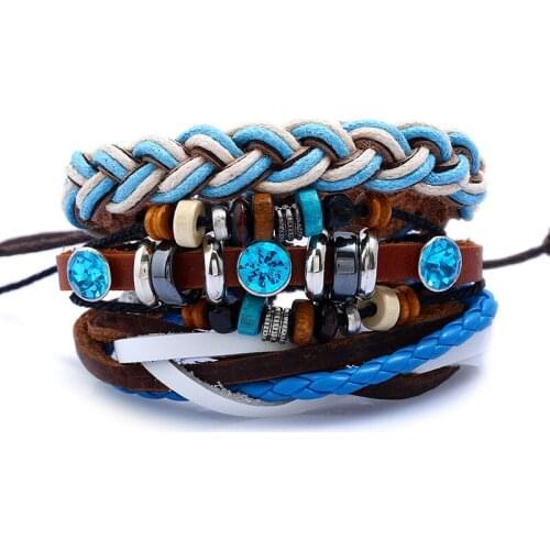3PCS/Set Vintage Boho Punk Brown Wrap Leather Sea Blue White Cord Knot Faceted Crystal Charm Layers Bracelets Bangles Unisex