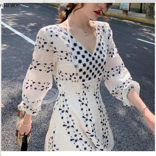 White Lace Hollow Out Dress 2020 Fall Autumn Long Sleeve V Neck Bow Tie Halter Sexy Elegant Lady Embroidery Women Long Dresses
