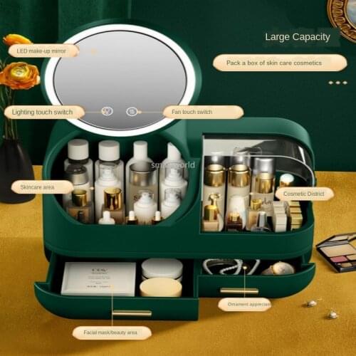 Large makeup storage box With fan and mirror desktop organizer facial mask skin care product storage rack make up organizer box