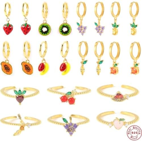 Womens Earring S925 Sterling Silver Enamel Aros Papaya Aros Kiwi Fruits Hoop Earring Korean INS Cute Bling Zircon Finger Rings