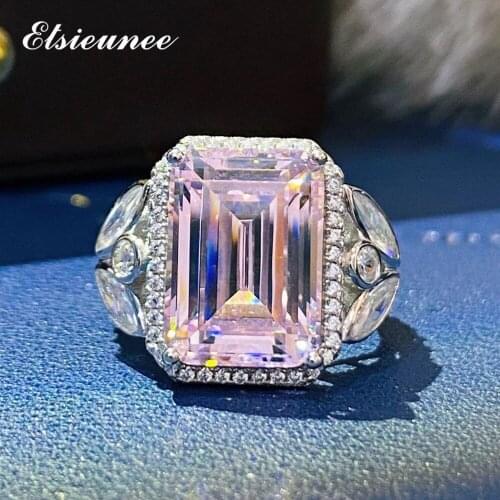 ELSIEUNEE Solid Silver 925 Jewelry Emerald Cut Simulated Moissanite Sapphite Citrine Rings Female Wedding Band Engagement Rings