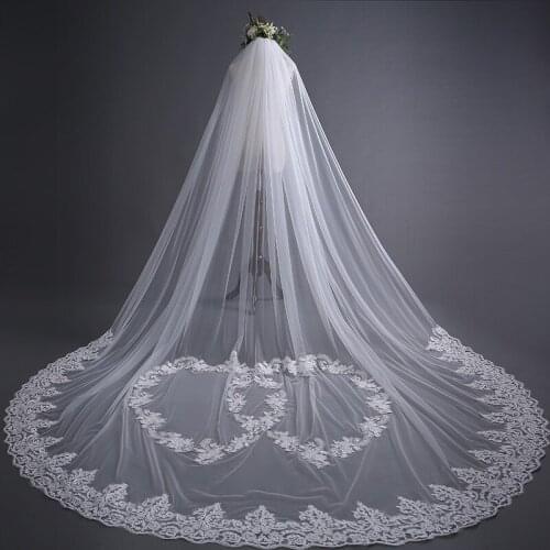 Korean Style One Layer Sequin 3m Lace Ivory Appliques Veil for Bride 2021 Gorgeous Long Sparkly White Bridal Veils
