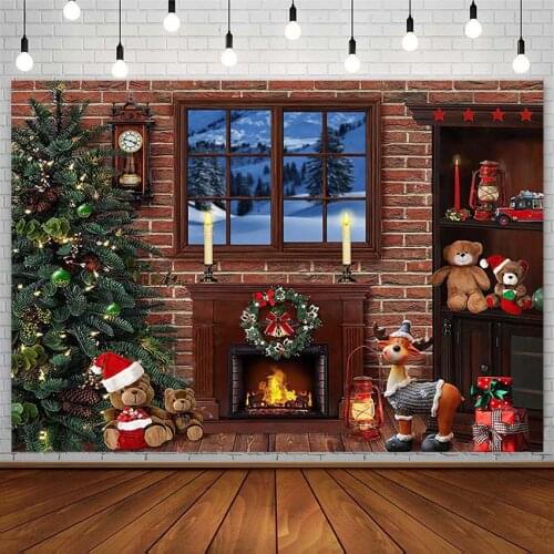 Winter Christmas Tree Backdrop Fireplace Gift Candle Toy Bear Red Brick Wall Photography Background Photo Studio Photozone Props
