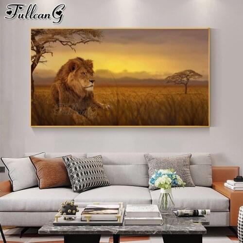 FULLCANG Autumn sunset scenery lion mosaic 5d diy diamond painting full square round drill rhinestone embroidery animals FG0170
