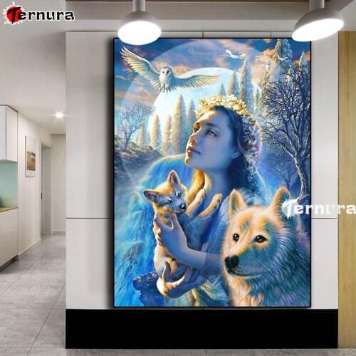 Snowy Owl in Winter full Drill Diy diamond painting set Woman and wolf Cross Stitch picture rhinestones embroidery mosaic decor